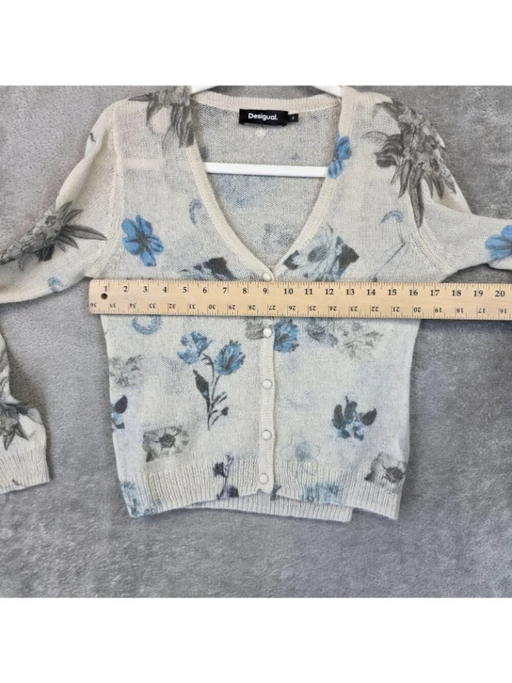 Desigual Cardigan Sweater Set Womens Small Cream Blue Floral Open Knit Sheer